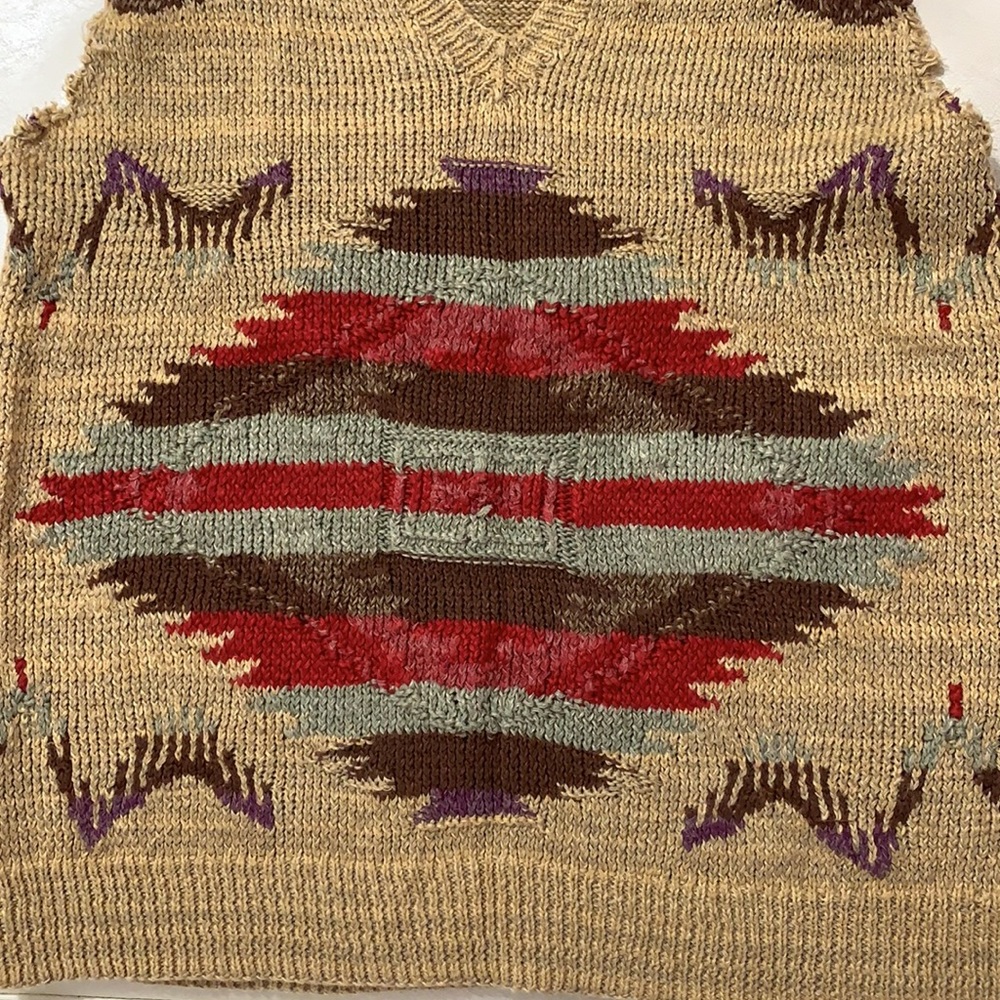 Ralph Lauren Tan Southwestern V-Neck Knit Vest with Red & Olive Motif - Picture 3 of 10